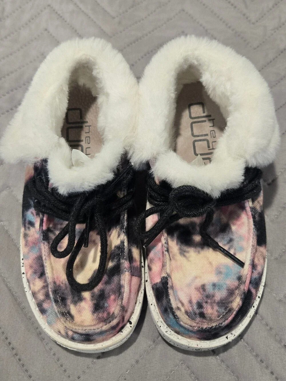 Hey Dude Kids Britt Tie-Dye Faux Fur Lined Moccasins - Pink/Blue/Black